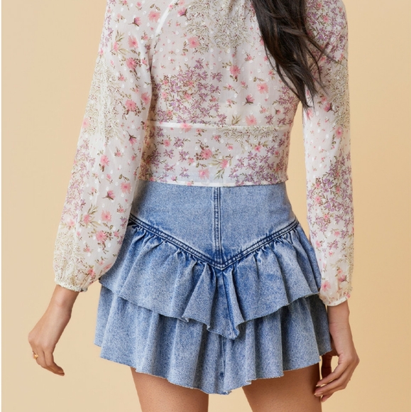 TGLA XL Mini Skirt Acid Wash Denim Tiered Ruffle Boho Festival Cowgirl 80s NWT - Picture 14 of 15